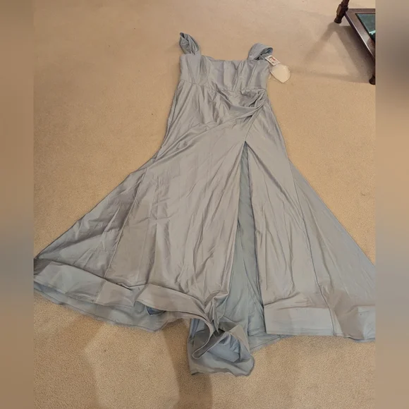 Off-the-Shoulder Corset Stretch Satin Mermaid Dress with Slight Train in Mist - Picture 2 of 16